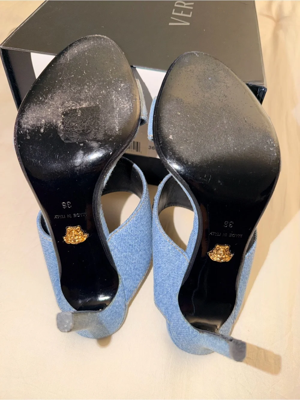 Versace Light Blue Denim Double-Band Slide Heels with Gold Medusa